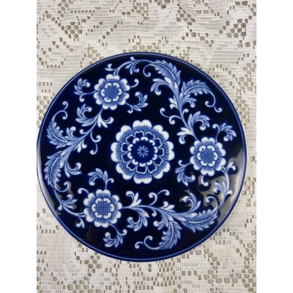 Pier 1 Mandarin Porcelain Round Trivet Plate Cobalt Blue White Floral 8in